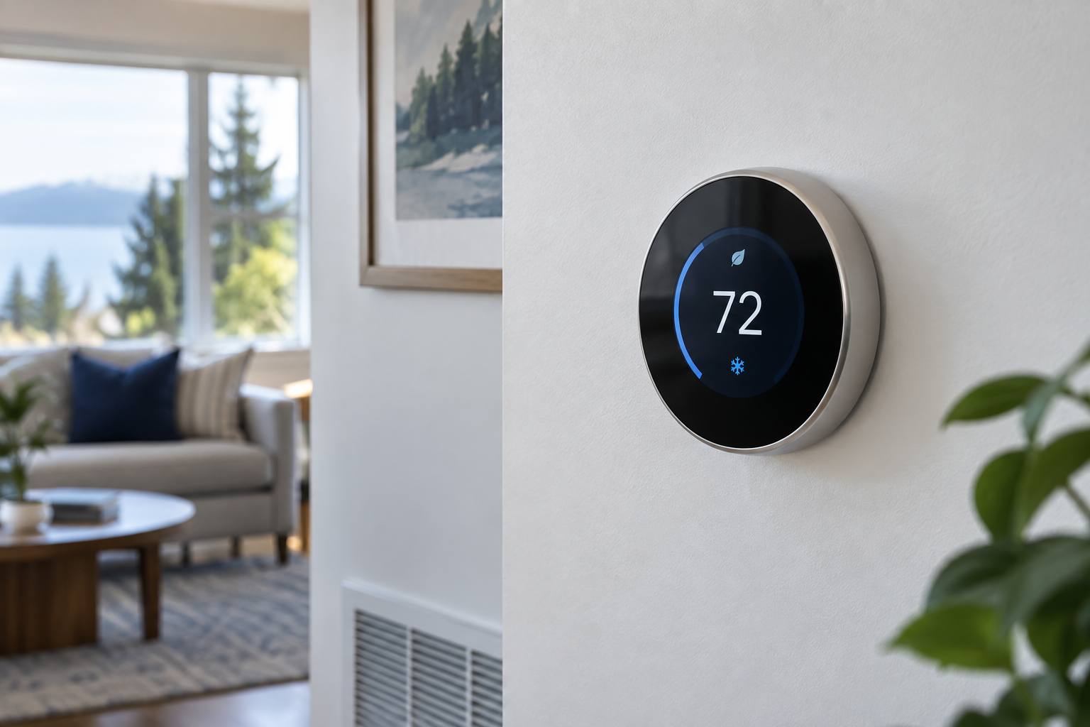 Round smart thermostat in a bright home interior